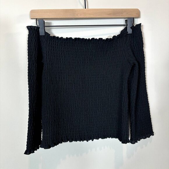 Revolve 1. STATE Smocked Off Shoulder Blouse Black Sz XS - Picture 3 of 10